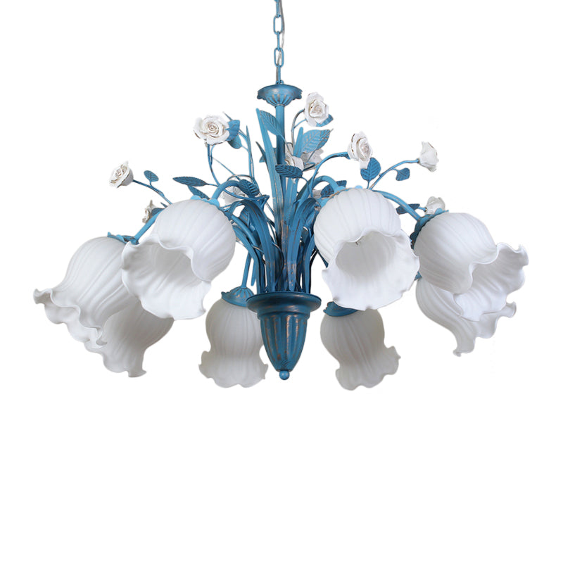 White Glass Orchid/Magnolia Chandelier Korean Flower 5/6/8-Light Living Room Ceiling Pendant Lamp in Blue Clearhalo 'Ceiling Lights' 'Chandeliers' Lighting' options 1968395