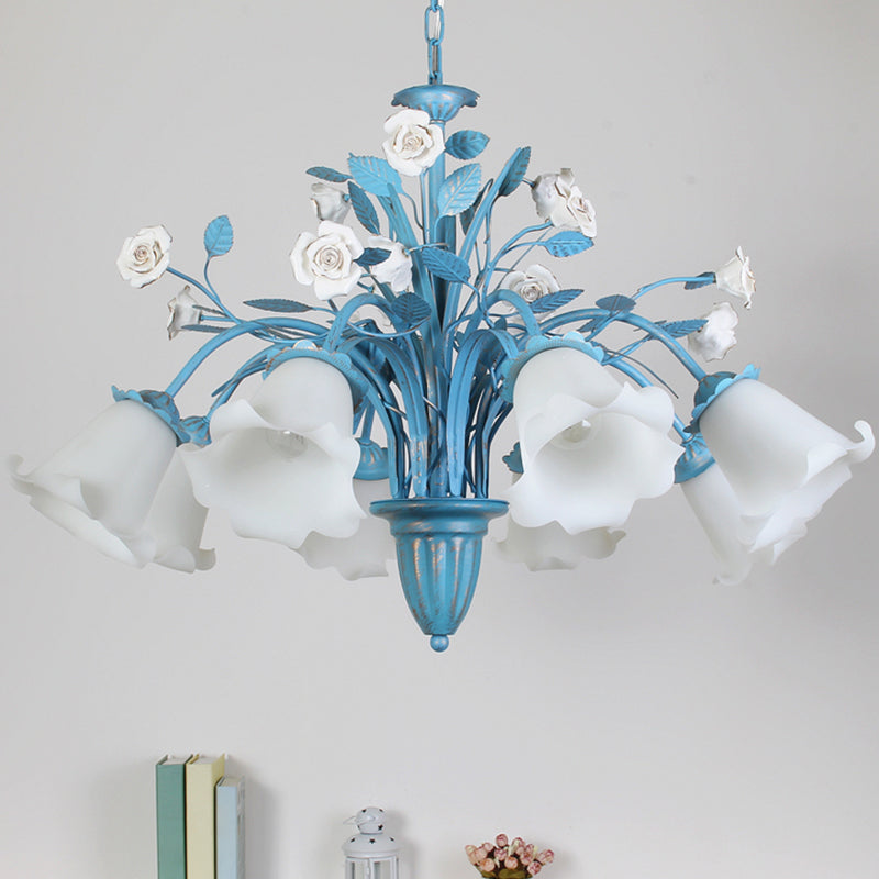 White Glass Orchid/Magnolia Chandelier Korean Flower 5/6/8-Light Living Room Ceiling Pendant Lamp in Blue 8 White B Clearhalo 'Ceiling Lights' 'Chandeliers' Lighting' options 1968397_9bf4cf0a-2f87-441f-a20f-99cf4aff29c3