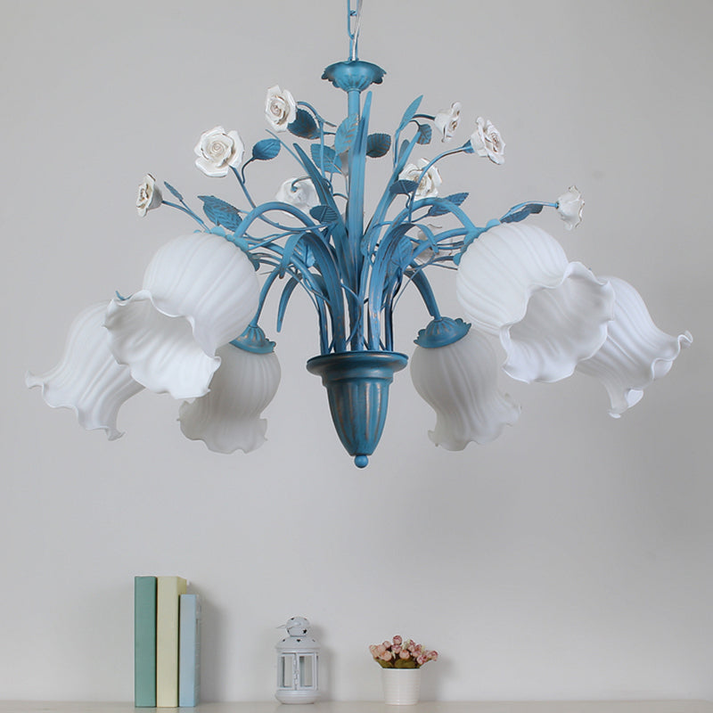 White Glass Orchid/Magnolia Chandelier Korean Flower 5/6/8-Light Living Room Ceiling Pendant Lamp in Blue 6 White A Clearhalo 'Ceiling Lights' 'Chandeliers' Lighting' options 1968401_c88000d6-d96f-4698-a8c5-faf475b6942e