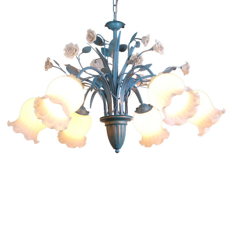 White Glass Orchid/Magnolia Chandelier Korean Flower 5/6/8-Light Living Room Ceiling Pendant Lamp in Blue Clearhalo 'Ceiling Lights' 'Chandeliers' Lighting' options 1968403