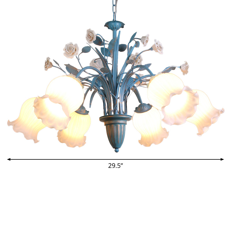 White Glass Orchid/Magnolia Chandelier Korean Flower 5/6/8-Light Living Room Ceiling Pendant Lamp in Blue Clearhalo 'Ceiling Lights' 'Chandeliers' Lighting' options 1968404