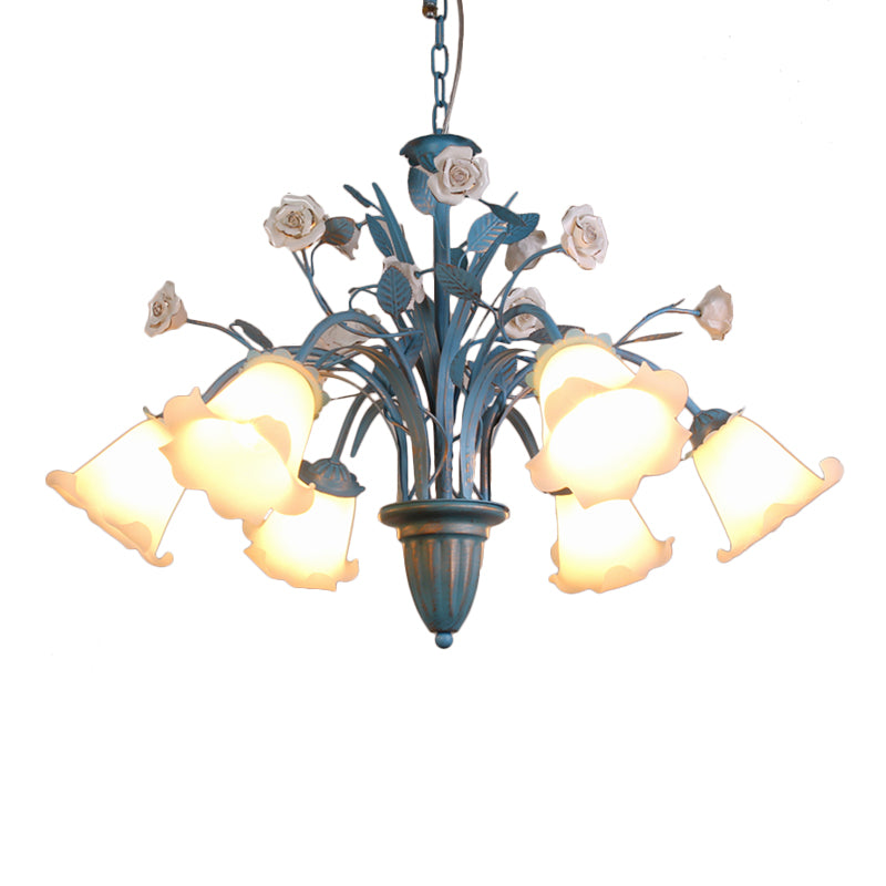 White Glass Orchid/Magnolia Chandelier Korean Flower 5/6/8-Light Living Room Ceiling Pendant Lamp in Blue Clearhalo 'Ceiling Lights' 'Chandeliers' Lighting' options 1968405
