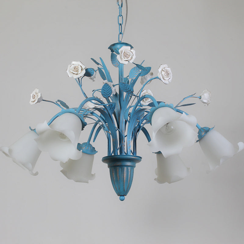White Glass Orchid/Magnolia Chandelier Korean Flower 5/6/8-Light Living Room Ceiling Pendant Lamp in Blue Clearhalo 'Ceiling Lights' 'Chandeliers' Lighting' options 1968406