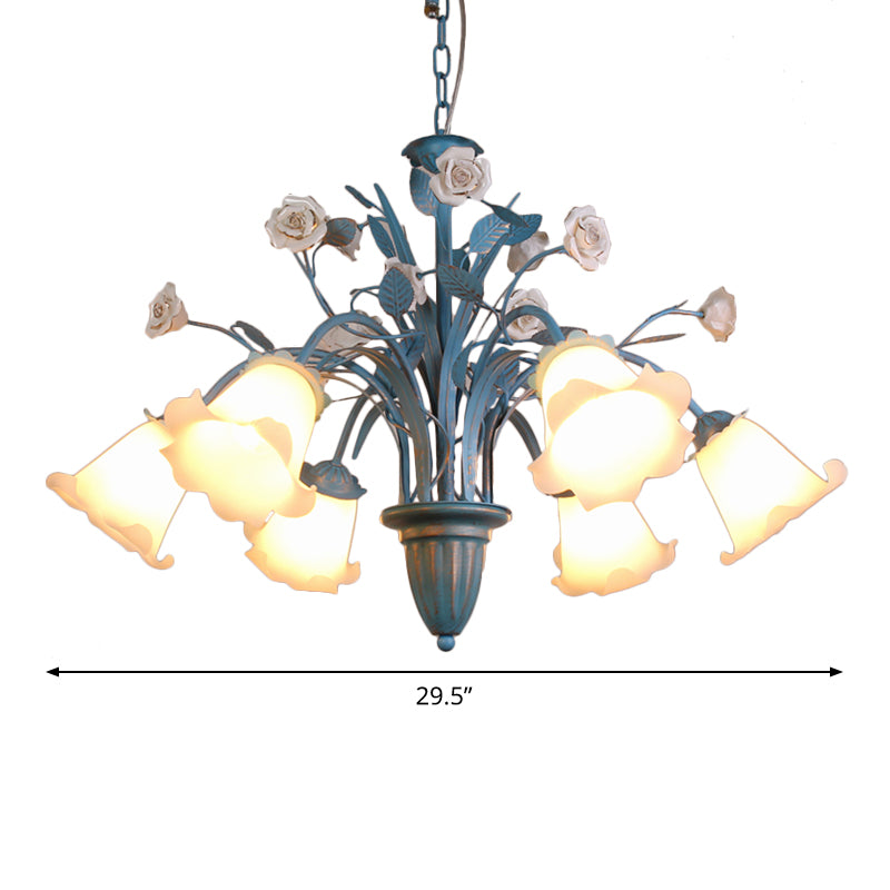White Glass Orchid/Magnolia Chandelier Korean Flower 5/6/8-Light Living Room Ceiling Pendant Lamp in Blue Clearhalo 'Ceiling Lights' 'Chandeliers' Lighting' options 1968408
