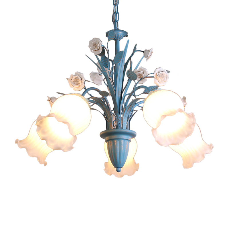 White Glass Orchid/Magnolia Chandelier Korean Flower 5/6/8-Light Living Room Ceiling Pendant Lamp in Blue Clearhalo 'Ceiling Lights' 'Chandeliers' Lighting' options 1968409