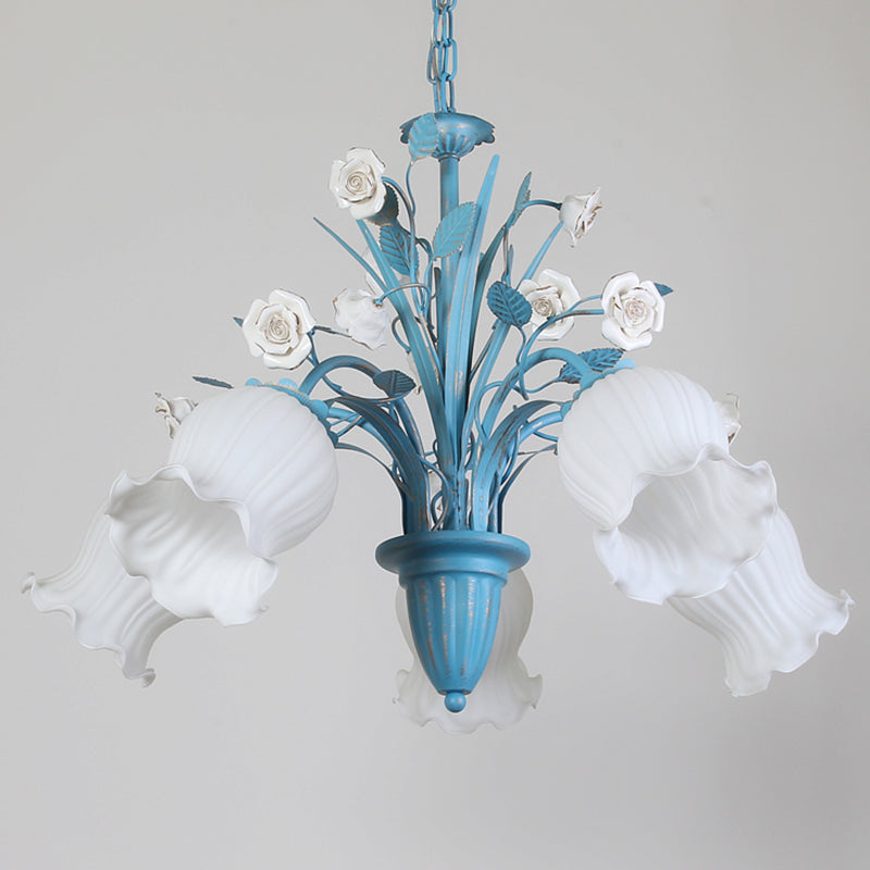 White Glass Orchid/Magnolia Chandelier Korean Flower 5/6/8-Light Living Room Ceiling Pendant Lamp in Blue Clearhalo 'Ceiling Lights' 'Chandeliers' Lighting' options 1968410