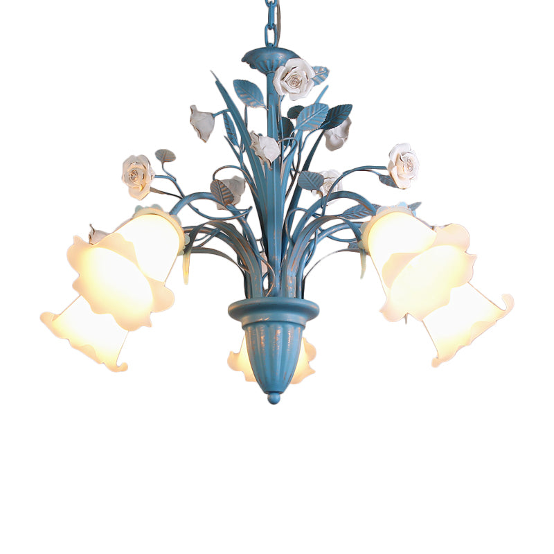 White Glass Orchid/Magnolia Chandelier Korean Flower 5/6/8-Light Living Room Ceiling Pendant Lamp in Blue Clearhalo 'Ceiling Lights' 'Chandeliers' Lighting' options 1968413