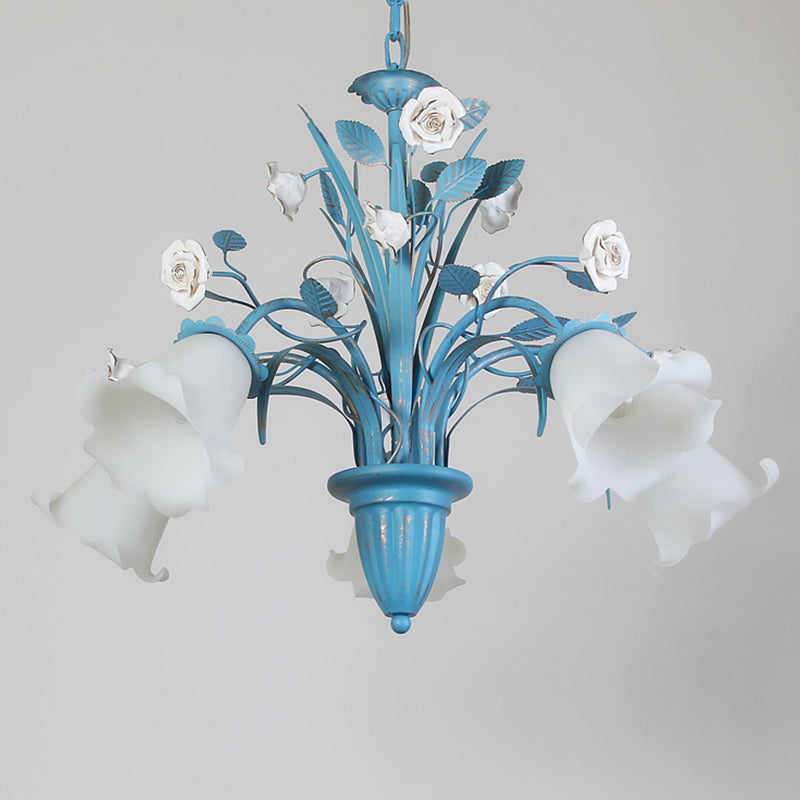 White Glass Orchid/Magnolia Chandelier Korean Flower 5/6/8-Light Living Room Ceiling Pendant Lamp in Blue Clearhalo 'Ceiling Lights' 'Chandeliers' Lighting' options 1968414