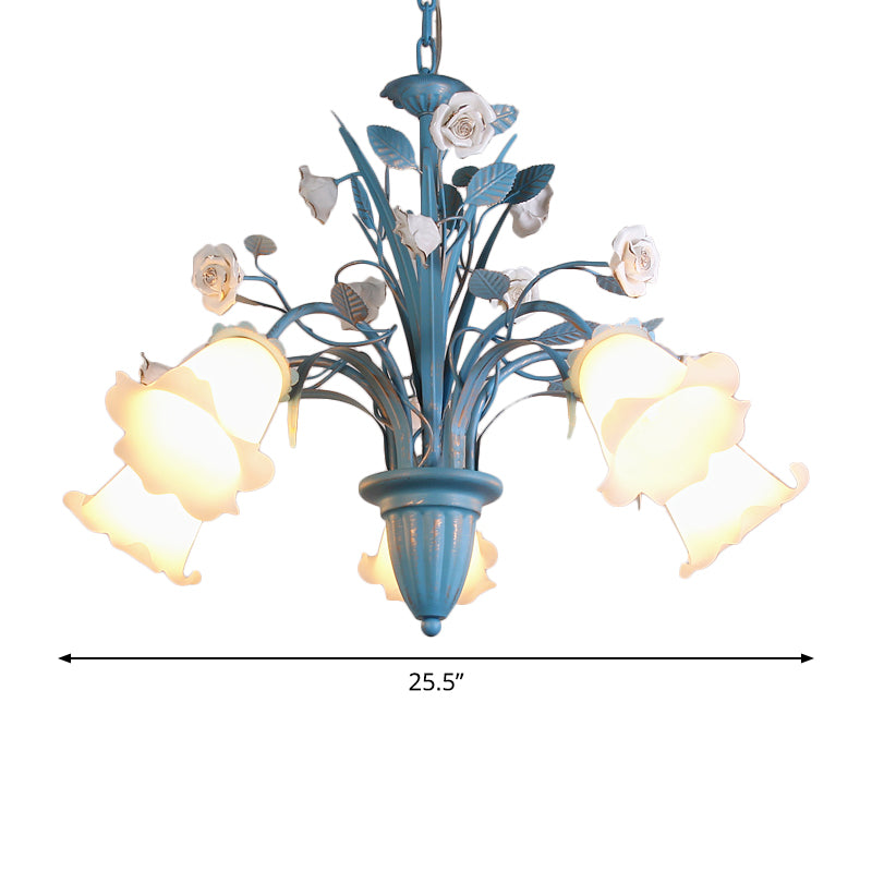 White Glass Orchid/Magnolia Chandelier Korean Flower 5/6/8-Light Living Room Ceiling Pendant Lamp in Blue Clearhalo 'Ceiling Lights' 'Chandeliers' Lighting' options 1968416