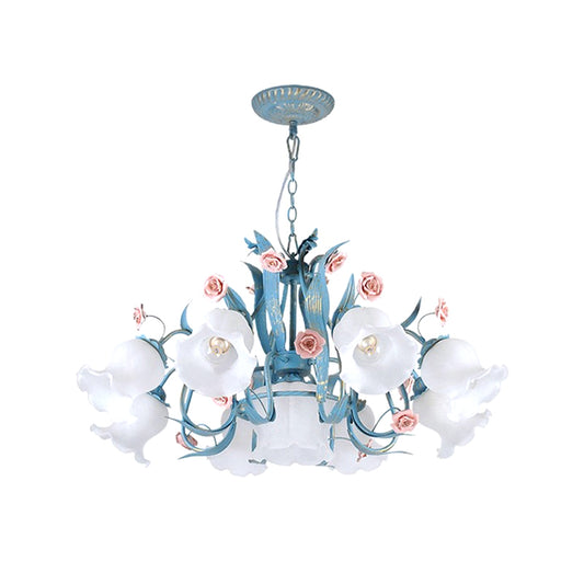 4/6/9-Head Chandelier Lamp Pastoral Style Downward Floral Frosted Glass Pendant Hanging Light in Blue Clearhalo 'Ceiling Lights' 'Chandeliers' Lighting' options 1968419