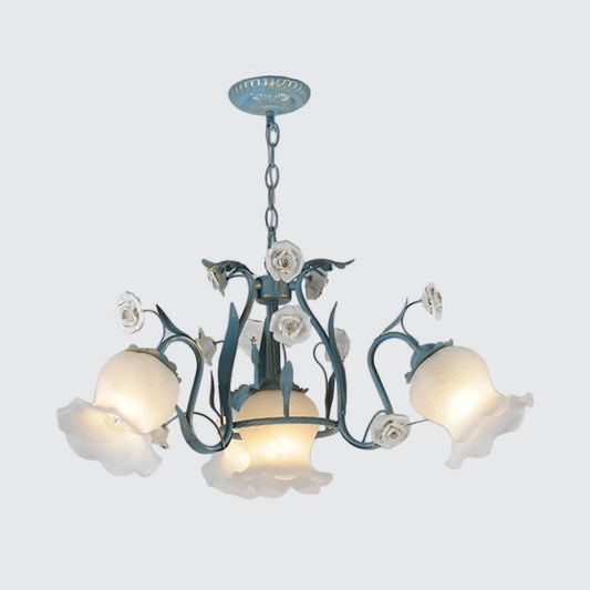 4/6/9-Head Chandelier Lamp Pastoral Style Downward Floral Frosted Glass Pendant Hanging Light in Blue Clearhalo 'Ceiling Lights' 'Chandeliers' Lighting' options 1968429