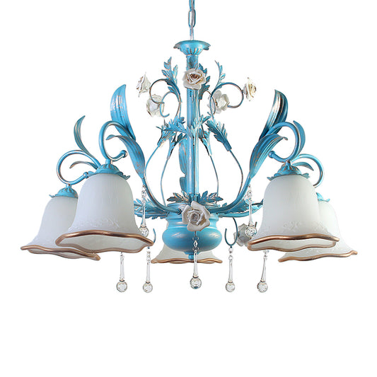 3/5/8-Bulb Up Chandelier Countryside Bedroom Pendant Lamp with Flower White Frosted Glass Shade and Crystal Decor in Blue Clearhalo 'Ceiling Lights' 'Chandeliers' Lighting' options 1968431
