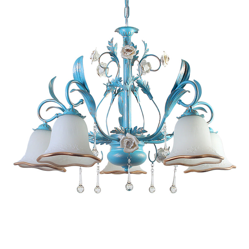 3/5/8-Bulb Up Chandelier Countryside Bedroom Pendant Lamp with Flower White Frosted Glass Shade and Crystal Decor in Blue 5 Blue Clearhalo 'Ceiling Lights' 'Chandeliers' Lighting' options 1968431_5b74d0f8-cc4e-43eb-a7fe-7e4555b5bfae