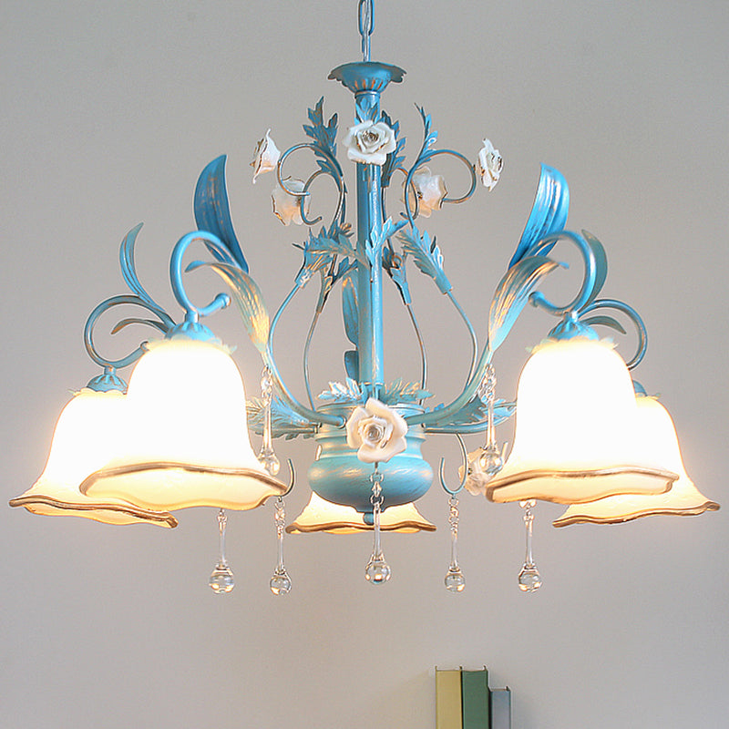 3/5/8-Bulb Up Chandelier Countryside Bedroom Pendant Lamp with Flower White Frosted Glass Shade and Crystal Decor in Blue Clearhalo 'Ceiling Lights' 'Chandeliers' Lighting' options 1968432
