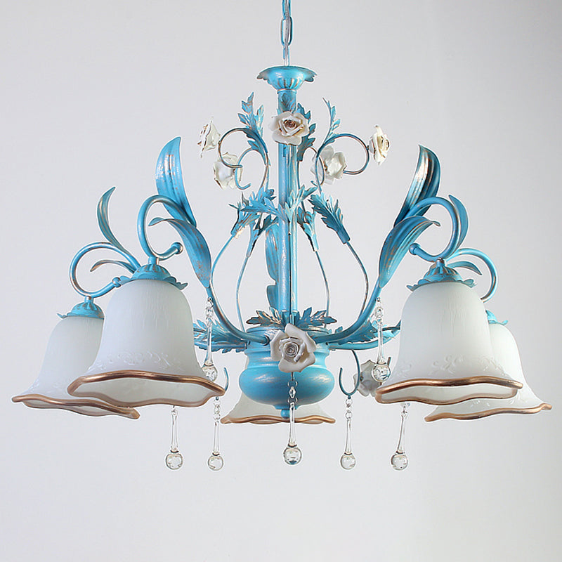 3/5/8-Bulb Up Chandelier Countryside Bedroom Pendant Lamp with Flower White Frosted Glass Shade and Crystal Decor in Blue Clearhalo 'Ceiling Lights' 'Chandeliers' Lighting' options 1968433
