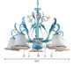 3/5/8-Bulb Up Chandelier Countryside Bedroom Pendant Lamp with Flower White Frosted Glass Shade and Crystal Decor in Blue Clearhalo 'Ceiling Lights' 'Chandeliers' Lighting' options 1968434