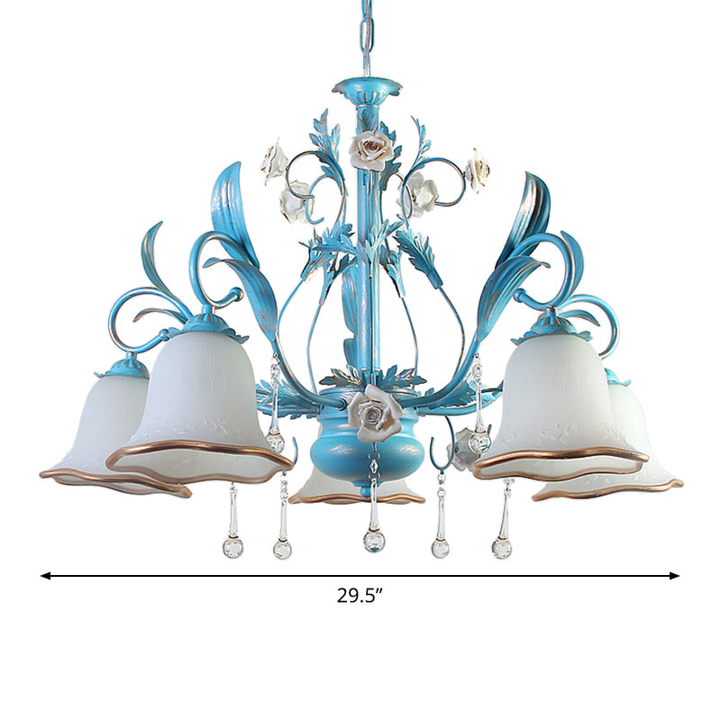 3/5/8-Bulb Up Chandelier Countryside Bedroom Pendant Lamp with Flower White Frosted Glass Shade and Crystal Decor in Blue Clearhalo 'Ceiling Lights' 'Chandeliers' Lighting' options 1968434