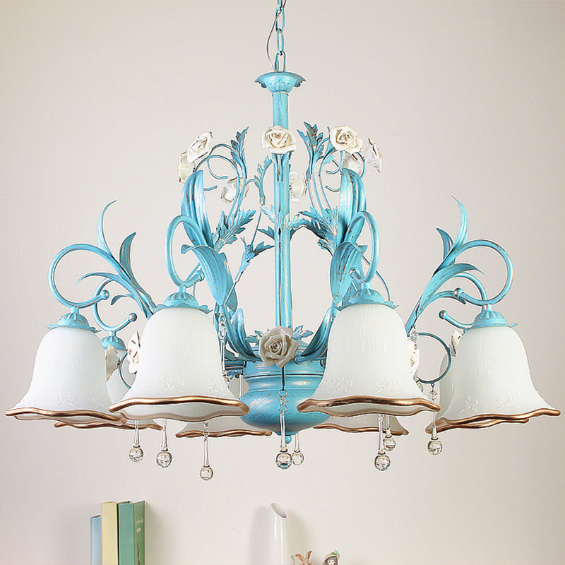 3/5/8-Bulb Up Chandelier Countryside Bedroom Pendant Lamp with Flower White Frosted Glass Shade and Crystal Decor in Blue 8 Blue Clearhalo 'Ceiling Lights' 'Chandeliers' Lighting' options 1968435_082e9ef7-f536-4d6c-884f-89382f65dc33