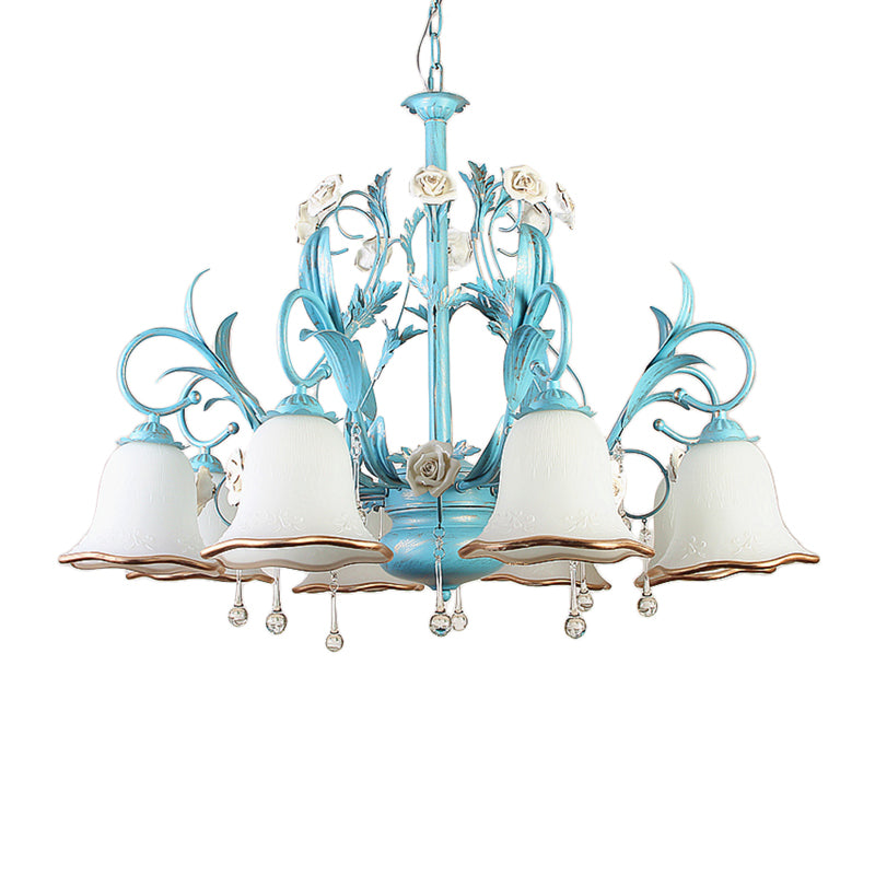 3/5/8-Bulb Up Chandelier Countryside Bedroom Pendant Lamp with Flower White Frosted Glass Shade and Crystal Decor in Blue Clearhalo 'Ceiling Lights' 'Chandeliers' Lighting' options 1968437