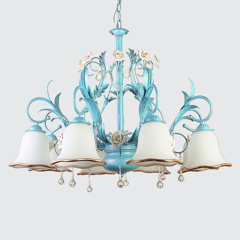 3/5/8-Bulb Up Chandelier Countryside Bedroom Pendant Lamp with Flower White Frosted Glass Shade and Crystal Decor in Blue Clearhalo 'Ceiling Lights' 'Chandeliers' Lighting' options 1968438