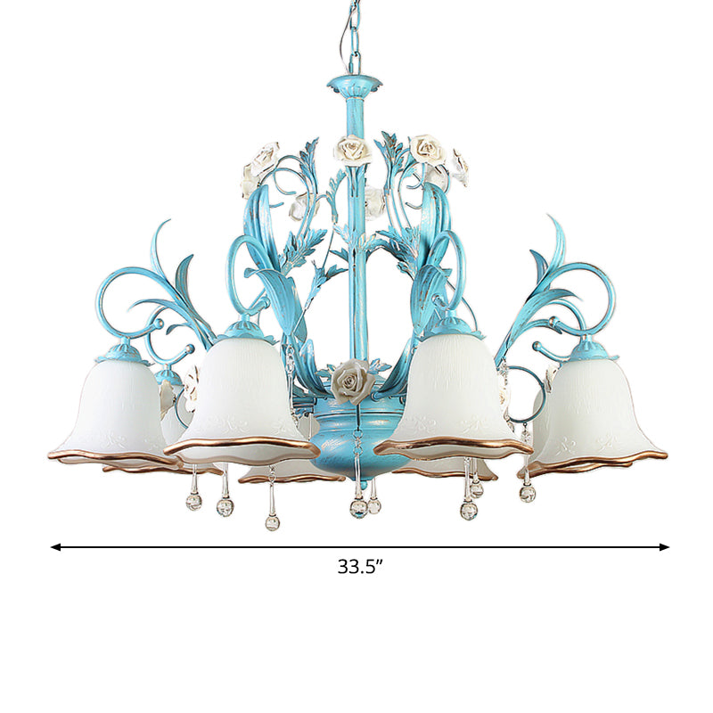 3/5/8-Bulb Up Chandelier Countryside Bedroom Pendant Lamp with Flower White Frosted Glass Shade and Crystal Decor in Blue Clearhalo 'Ceiling Lights' 'Chandeliers' Lighting' options 1968439