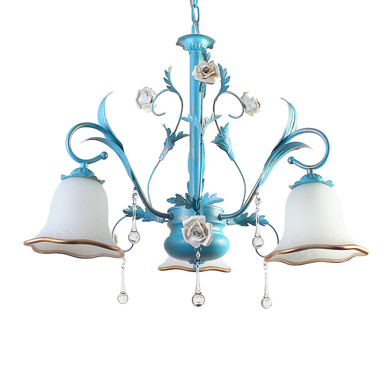 3/5/8-Bulb Up Chandelier Countryside Bedroom Pendant Lamp with Flower White Frosted Glass Shade and Crystal Decor in Blue 3 Blue Clearhalo 'Ceiling Lights' 'Chandeliers' Lighting' options 1968440_ea06699c-17d8-4673-b5dc-8fd95f06e513
