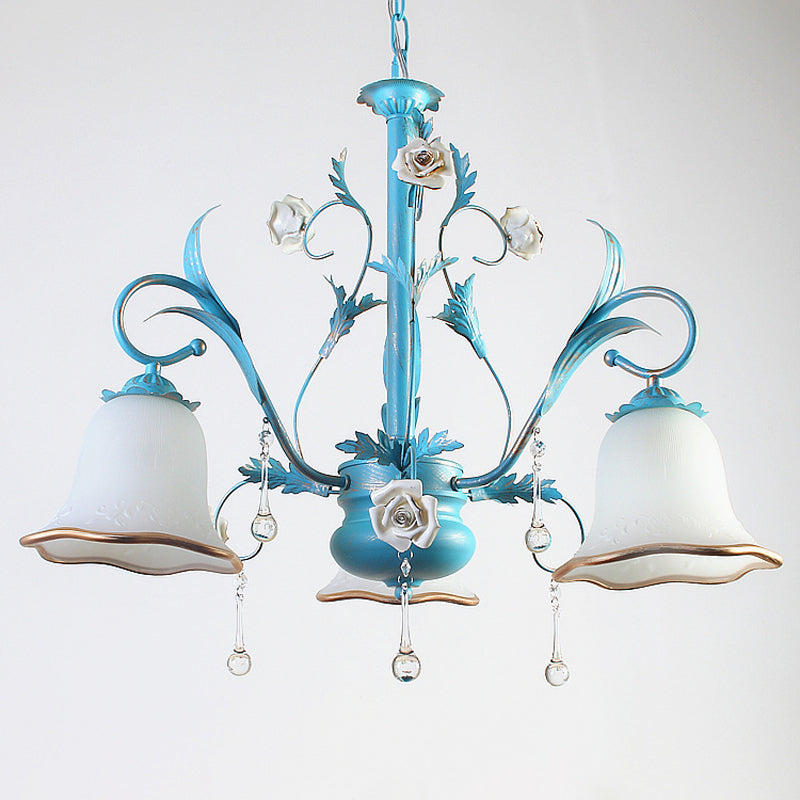 3/5/8-Bulb Up Chandelier Countryside Bedroom Pendant Lamp with Flower White Frosted Glass Shade and Crystal Decor in Blue Clearhalo 'Ceiling Lights' 'Chandeliers' Lighting' options 1968441