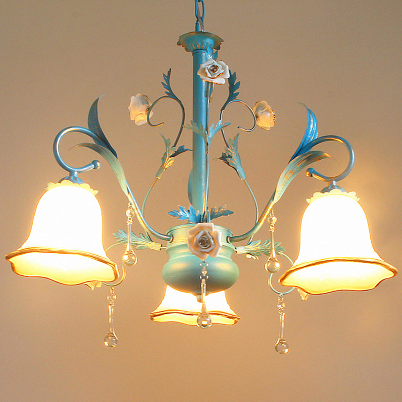 3/5/8-Bulb Up Chandelier Countryside Bedroom Pendant Lamp with Flower White Frosted Glass Shade and Crystal Decor in Blue Clearhalo 'Ceiling Lights' 'Chandeliers' Lighting' options 1968442