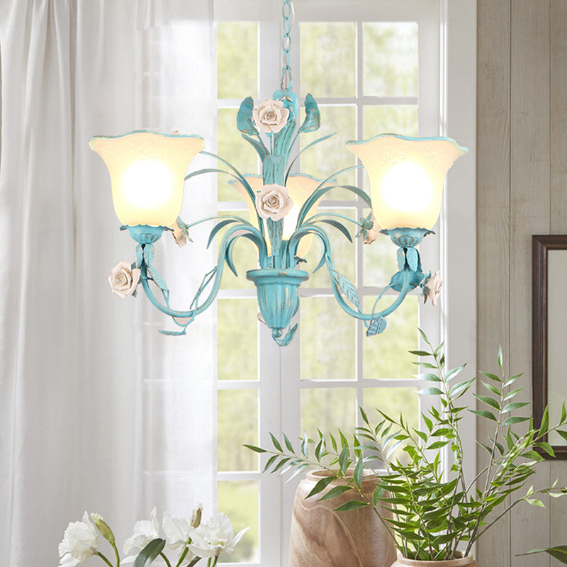 Floral Frosted Glass Hanging Chandelier Romantic Pastoral 3/5-Light Bedroom Pendant Ceiling Light in Blue 3 Blue Clearhalo 'Ceiling Lights' 'Chandeliers' Lighting' options 1968444_a39c0d7e-1126-4c3f-a813-cf8c989237d4