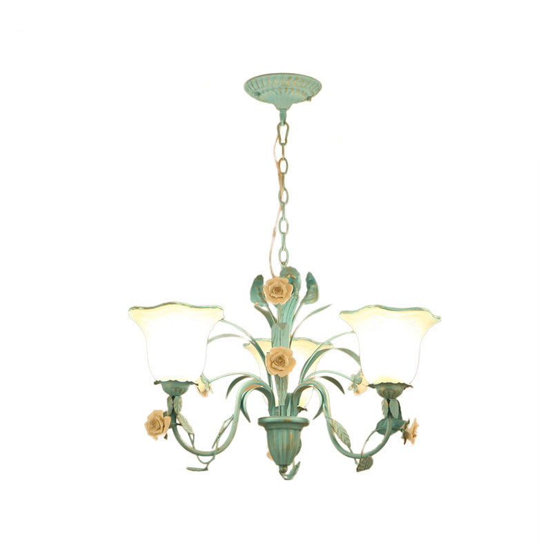 Floral Frosted Glass Hanging Chandelier Romantic Pastoral 3/5-Light Bedroom Pendant Ceiling Light in Blue Clearhalo 'Ceiling Lights' 'Chandeliers' Lighting' options 1968447