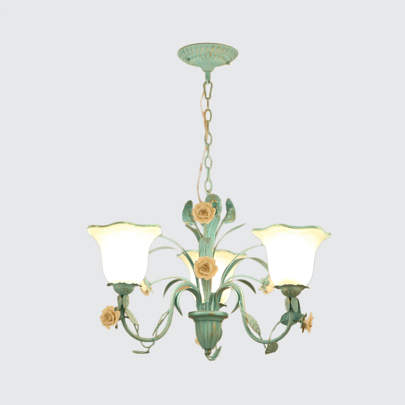 Floral Frosted Glass Hanging Chandelier Romantic Pastoral 3/5-Light Bedroom Pendant Ceiling Light in Blue Clearhalo 'Ceiling Lights' 'Chandeliers' Lighting' options 1968448