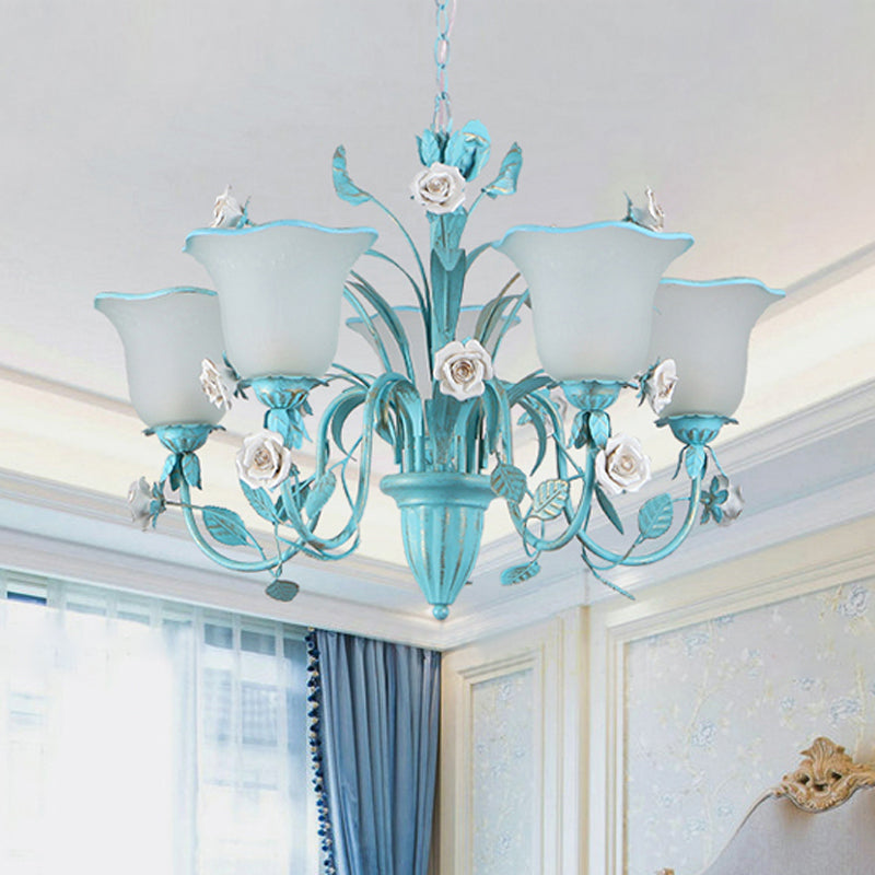Floral Frosted Glass Hanging Chandelier Romantic Pastoral 3/5-Light Bedroom Pendant Ceiling Light in Blue 5 Blue Clearhalo 'Ceiling Lights' 'Chandeliers' Lighting' options 1968450_08ed9a07-cb22-4e92-9d60-8fc5a3084138