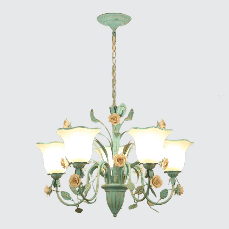 Floral Frosted Glass Hanging Chandelier Romantic Pastoral 3/5-Light Bedroom Pendant Ceiling Light in Blue Clearhalo 'Ceiling Lights' 'Chandeliers' Lighting' options 1968453