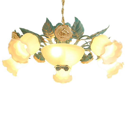 7 Lights Chandelier Light Pastoral Style Living Room Pendant Lamp with Floral Milky Frosted Glass Shade in Blue Clearhalo 'Ceiling Lights' 'Chandeliers' Lighting' options 1968455