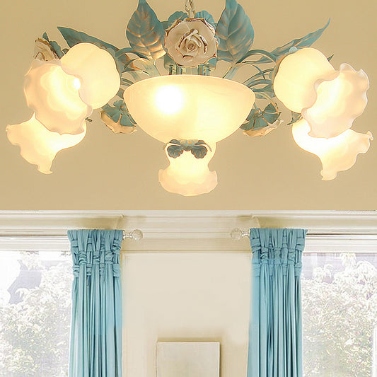 7 Lights Chandelier Light Pastoral Style Living Room Pendant Lamp with Floral Milky Frosted Glass Shade in Blue Clearhalo 'Ceiling Lights' 'Chandeliers' Lighting' options 1968456