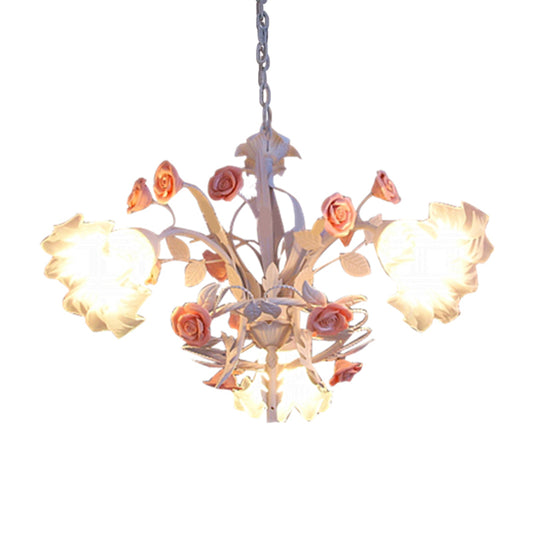 3 Bulbs Hanging Chandelier Romantic Pastoral Flower Frosted Glass Pendant Light Fixture in White Clearhalo 'Ceiling Lights' 'Chandeliers' Lighting' options 1968458