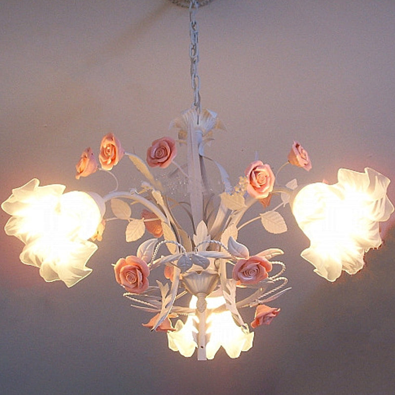 3 Bulbs Hanging Chandelier Romantic Pastoral Flower Frosted Glass Pendant Light Fixture in White Clearhalo 'Ceiling Lights' 'Chandeliers' Lighting' options 1968459
