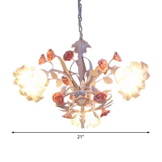 3 Bulbs Hanging Chandelier Romantic Pastoral Flower Frosted Glass Pendant Light Fixture in White Clearhalo 'Ceiling Lights' 'Chandeliers' Lighting' options 1968460
