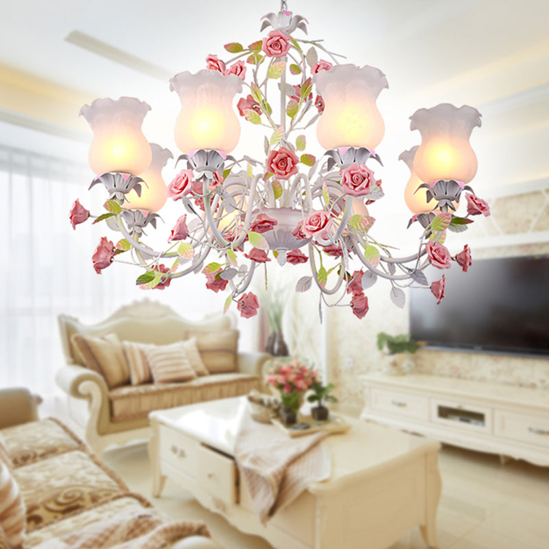 6/8 Heads Chandelier Lamp Korean Garden Living Room Hanging Ceiling Light with Flower White Frosted Glass Shade in Red Clearhalo 'Ceiling Lights' 'Chandeliers' Lighting' options 1968461