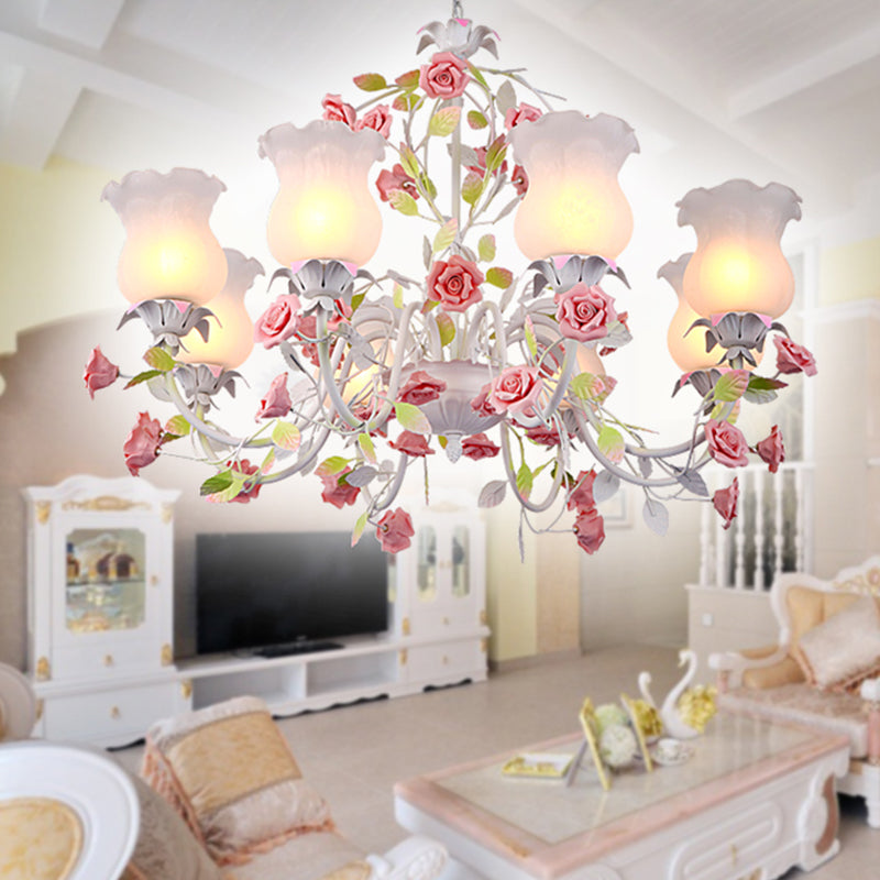 6/8 Heads Chandelier Lamp Korean Garden Living Room Hanging Ceiling Light with Flower White Frosted Glass Shade in Red Clearhalo 'Ceiling Lights' 'Chandeliers' Lighting' options 1968462