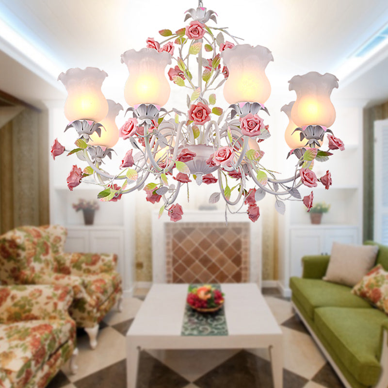 6/8 Heads Chandelier Lamp Korean Garden Living Room Hanging Ceiling Light with Flower White Frosted Glass Shade in Red Clearhalo 'Ceiling Lights' 'Chandeliers' Lighting' options 1968463