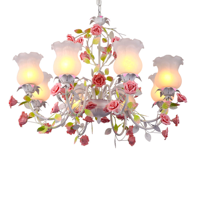 6/8 Heads Chandelier Lamp Korean Garden Living Room Hanging Ceiling Light with Flower White Frosted Glass Shade in Red Clearhalo 'Ceiling Lights' 'Chandeliers' Lighting' options 1968464