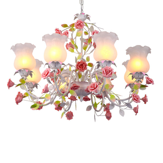 6/8 Heads Chandelier Lamp Korean Garden Living Room Hanging Ceiling Light with Flower White Frosted Glass Shade in Red Clearhalo 'Ceiling Lights' 'Chandeliers' Lighting' options 1968464