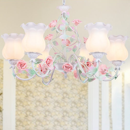 6/8 Heads Chandelier Lamp Korean Garden Living Room Hanging Ceiling Light with Flower White Frosted Glass Shade in Red Clearhalo 'Ceiling Lights' 'Chandeliers' Lighting' options 1968466