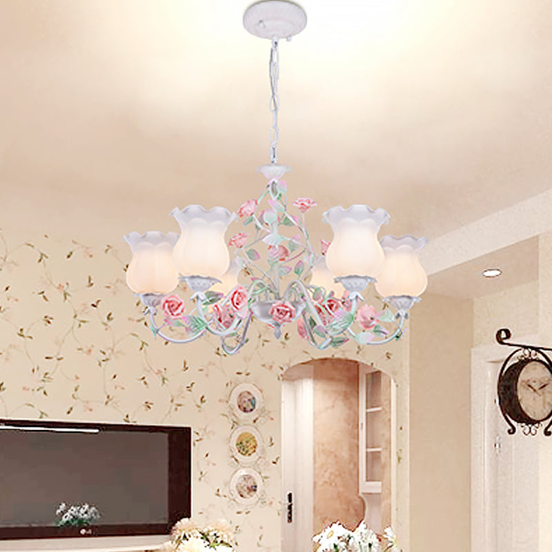 6/8 Heads Chandelier Lamp Korean Garden Living Room Hanging Ceiling Light with Flower White Frosted Glass Shade in Red Clearhalo 'Ceiling Lights' 'Chandeliers' Lighting' options 1968467