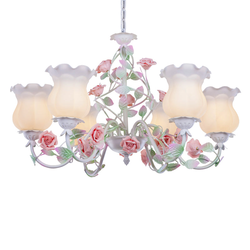 6/8 Heads Chandelier Lamp Korean Garden Living Room Hanging Ceiling Light with Flower White Frosted Glass Shade in Red Clearhalo 'Ceiling Lights' 'Chandeliers' Lighting' options 1968468