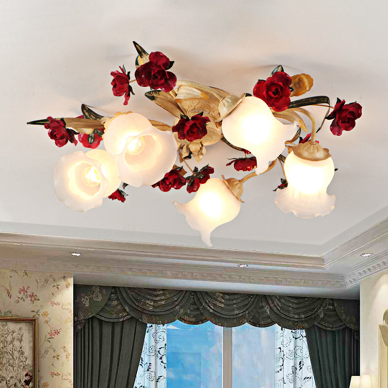 3/5-Light Flush Lamp Romantic Pastoral Living Room Semi Flush Mount with Flower Frosted Glass Shade in White Clearhalo 'Ceiling Lights' 'Close To Ceiling Lights' 'Close to ceiling' 'Semi-flushmount' Lighting' 1968482