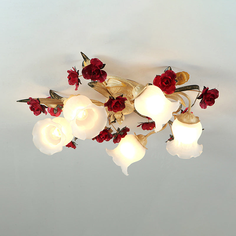 3/5-Light Flush Lamp Romantic Pastoral Living Room Semi Flush Mount with Flower Frosted Glass Shade in White Clearhalo 'Ceiling Lights' 'Close To Ceiling Lights' 'Close to ceiling' 'Semi-flushmount' Lighting' 1968484