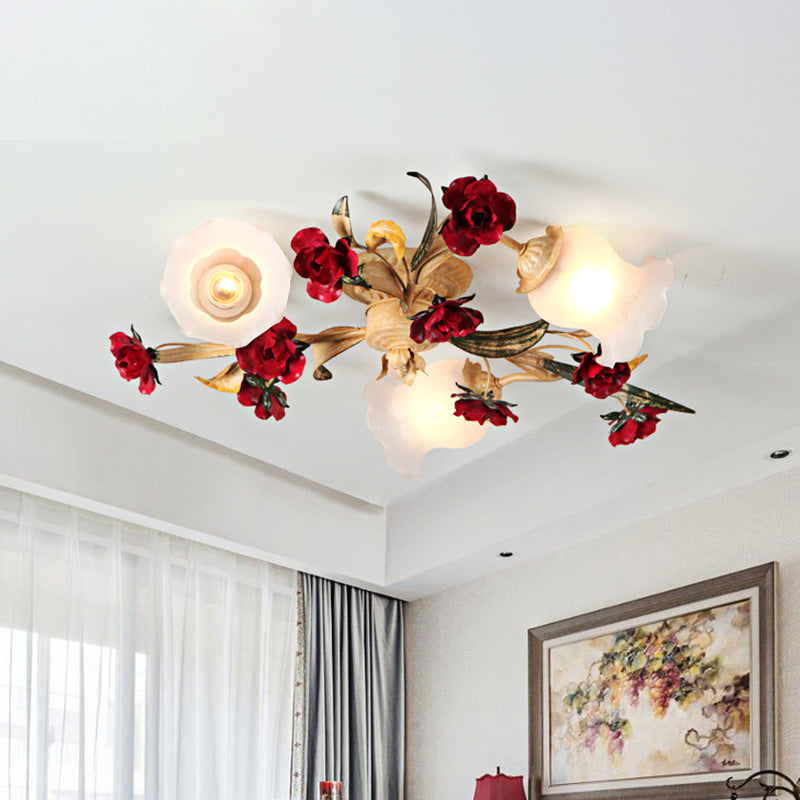 3/5-Light Flush Lamp Romantic Pastoral Living Room Semi Flush Mount with Flower Frosted Glass Shade in White 3 White Clearhalo 'Ceiling Lights' 'Close To Ceiling Lights' 'Close to ceiling' 'Semi-flushmount' Lighting' 1968486