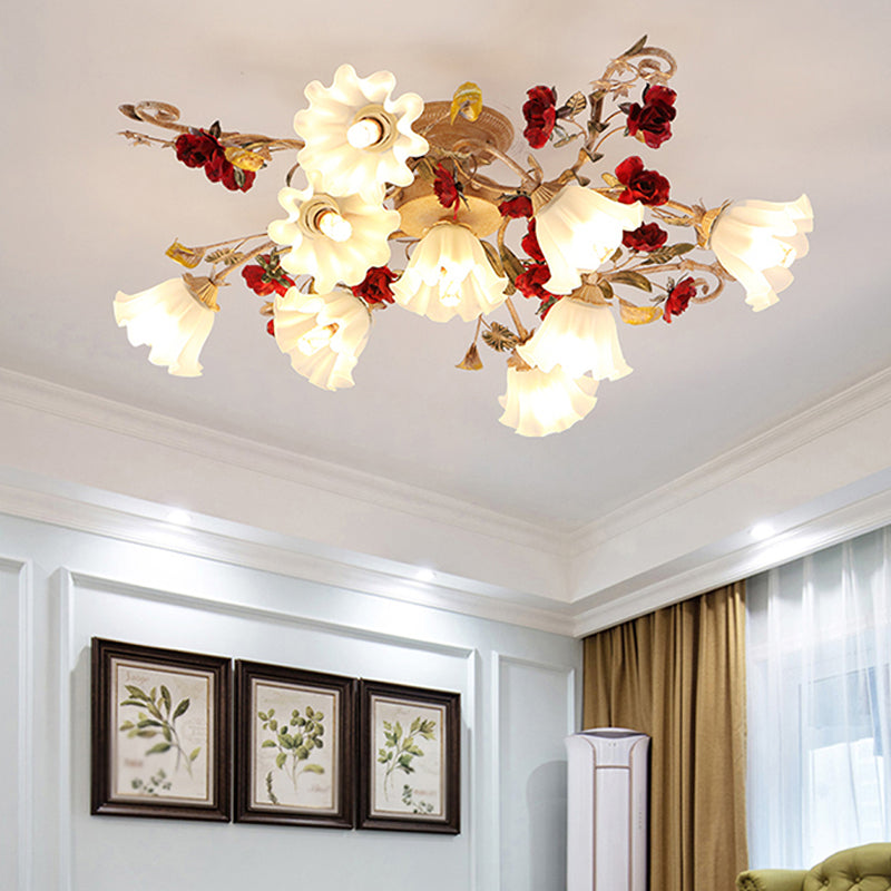4/7/9-Bulb Flower Semi Flush Mounted Light American Garden White Frosted Glass Flush Mount Ceiling Light Clearhalo 'Ceiling Lights' 'Close To Ceiling Lights' 'Close to ceiling' 'Semi-flushmount' Lighting' 1968491
